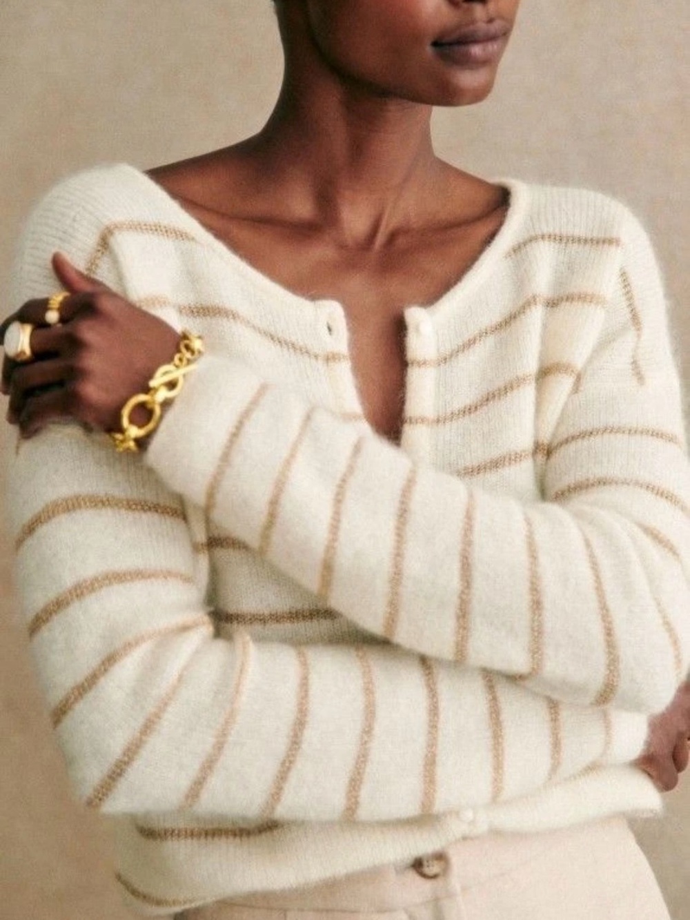 Maille Se’zane Gaspard Ecru Gold Cream Stripe Cardigan
